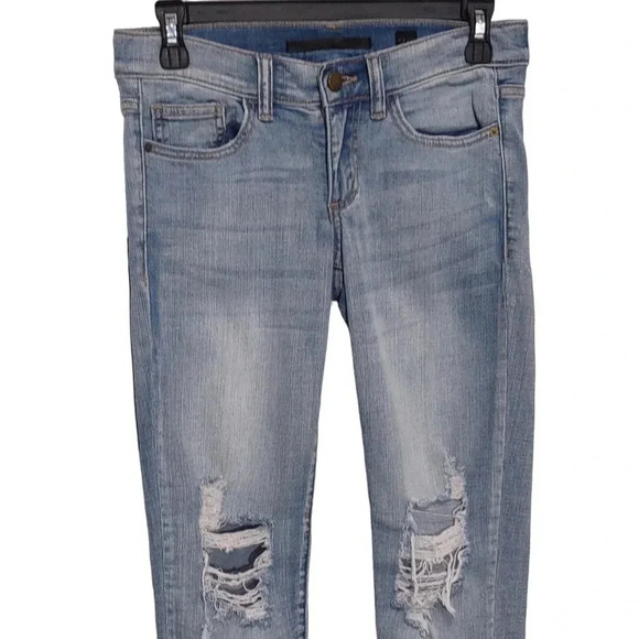 SP Black Label Frayed Skinny Distressed Blue Wash Straight Denim Jeans - Picture 2 of 8